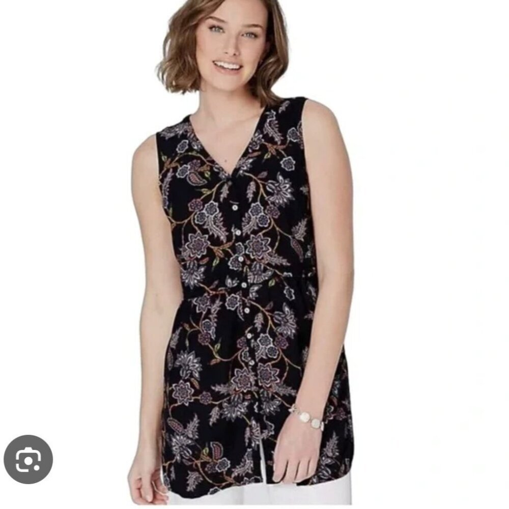 J Jill Floral Paisley Floral Flowy Button Front V Neck Tiered Tank Blouse Top 3X
